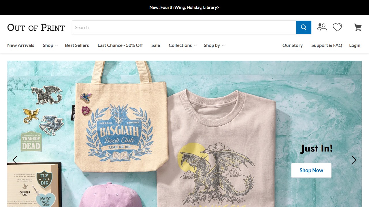 Out of Print storefront homepage with book-themed merchandise and a new-arrivals hero