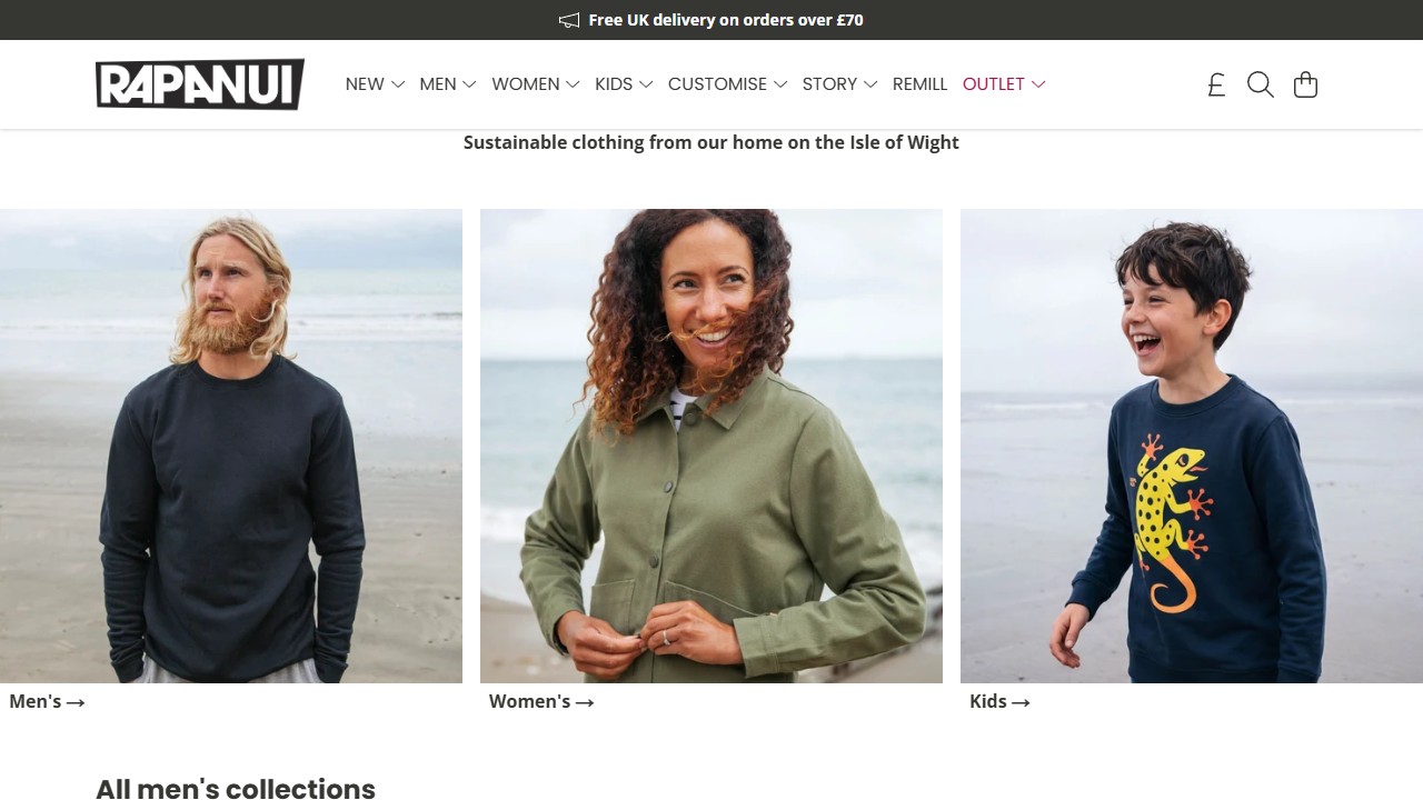 Rapanui storefront homepage with men's, women's, and kids' clothing categories