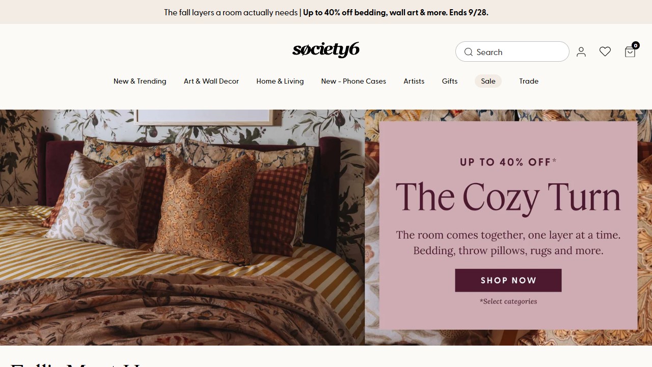 Society6 storefront homepage showing home decor in a styled room