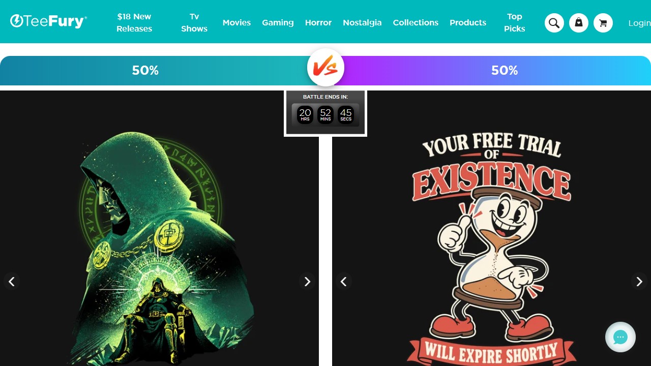 TeeFury storefront homepage showing two featured designs in a timed battle