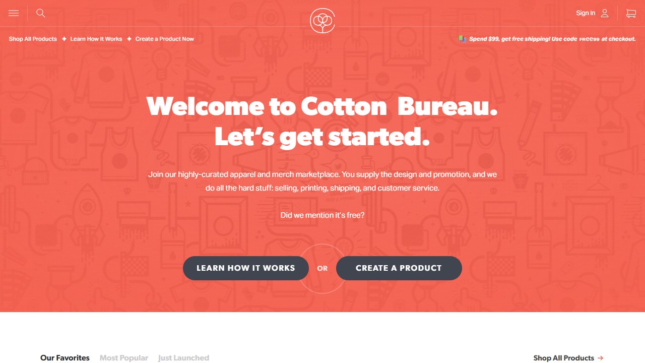 Cotton Bureau storefront homepage with creator-focused hero and shopping navigation