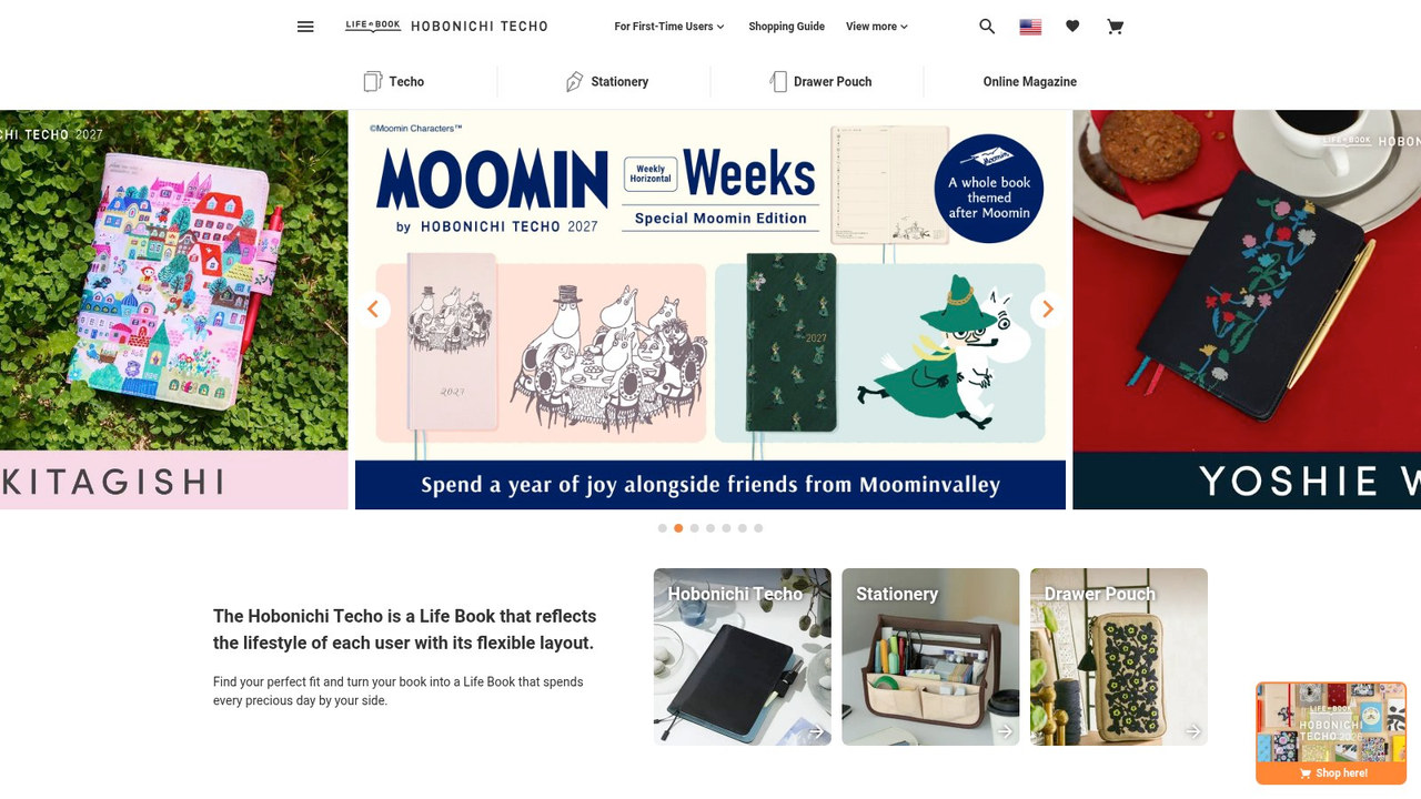 Hobonichi Techo planner store website screenshot